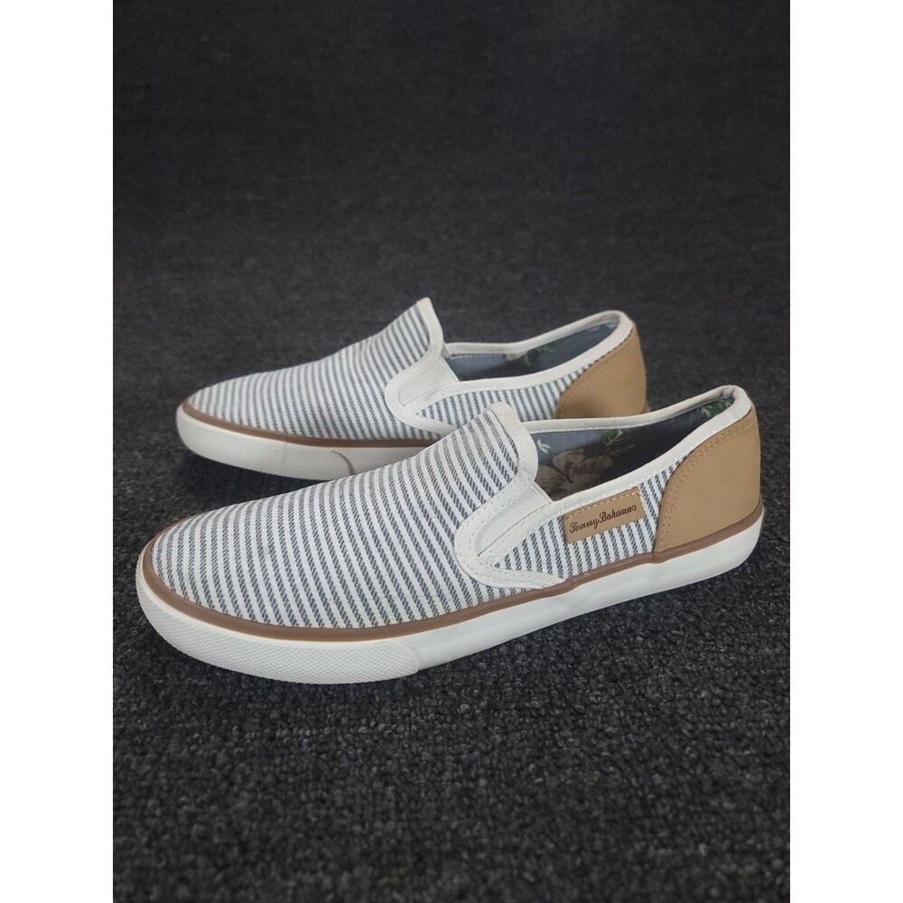 Tommy Bahama Sailor Sneakers Womens 9.5 White Navy Striped Slip On Canvas Shoes